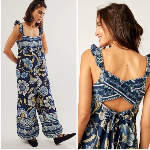 Free People Bali Albright Jumpsuit 100% Cotton Blue Boho Floral Balloon Legs - Picture 3 of 8